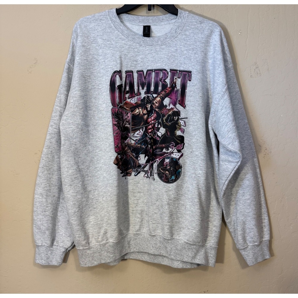 Gildan Marvel X-Men Gambit Graphic Sweatshirt Men Large Heather‎ Gray Crewneck